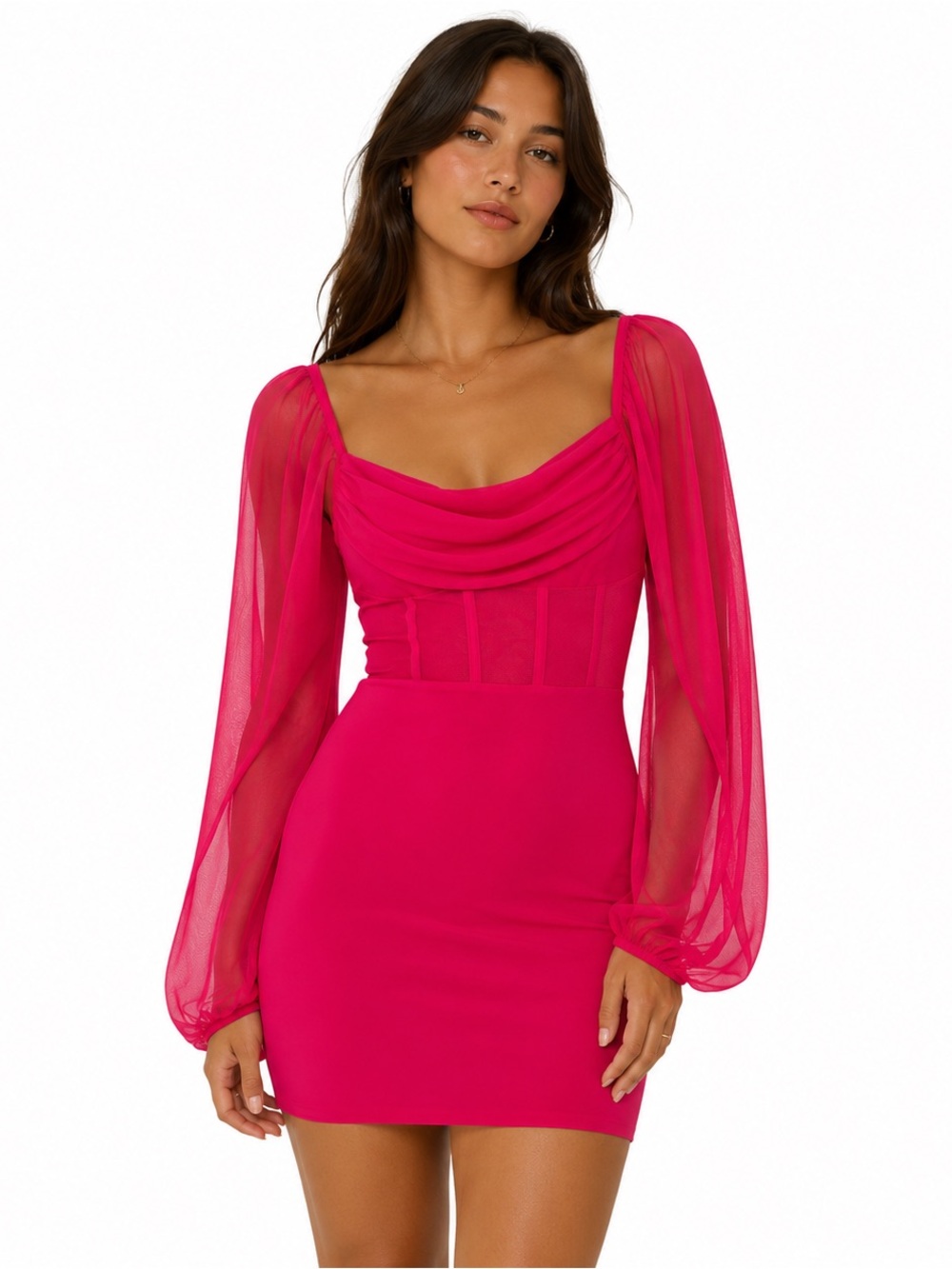 Red Midi Dress with Sheer Long Sleeves